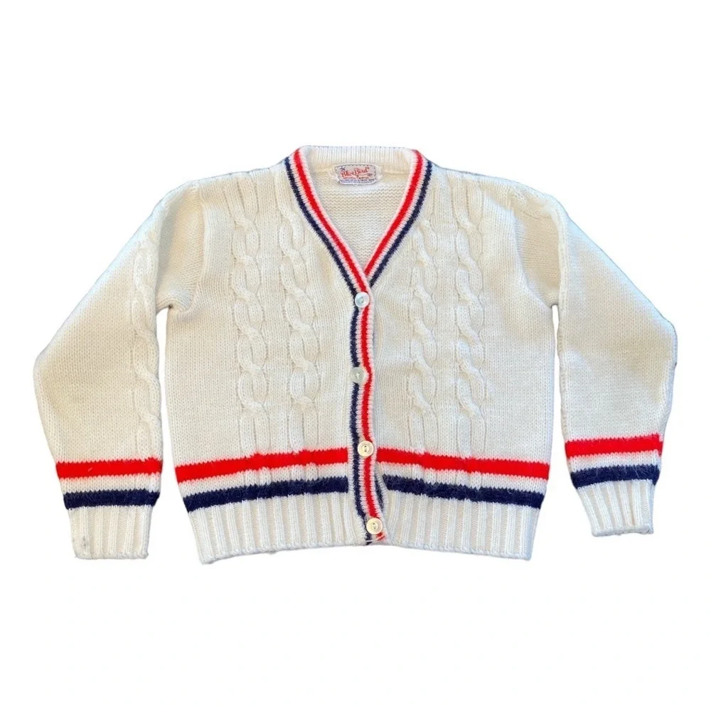 Vintage Blue Bird Unisex Striped Red White & Blue Button Up Cardigan Sweater 3T